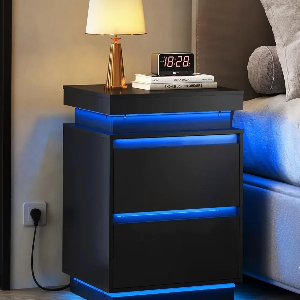 Black Nightstand with Charging Station and LED Lights